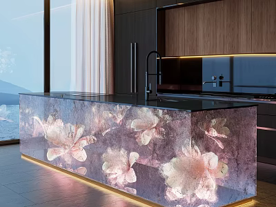 Stylish Modern Bar Area Design With Floral Pattern Countertop And Ambient Lighting 3d model