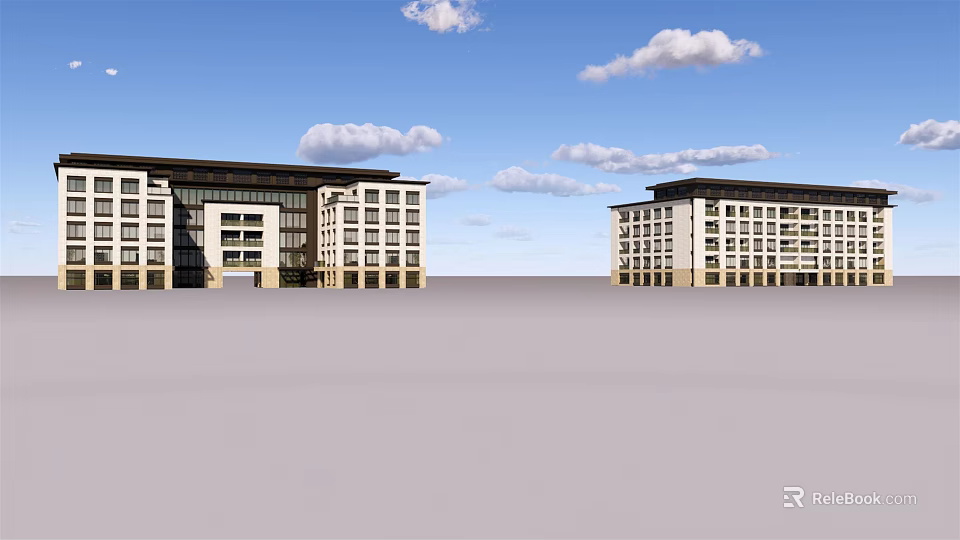 Two Modern Office Buildings With White Facade And Cloudy Blue Sky 3d model