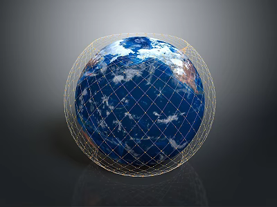 Blue Earth Globe Surrounded by Golden Wire Mesh Network Structure 3d model