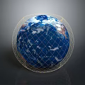 Blue Earth Globe Surrounded by Golden Wire Mesh Network Structure 3d model