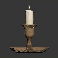 Lit White Candle Placed On Copper Candlestick With Decorative Tray Base And Smooth Surface 3d model