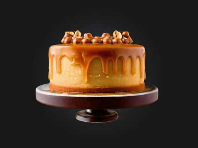 Delicious Caramel Cake Topped with Nuts and Drizzled Caramel on Cake Stand 3d model