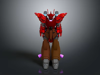 Red Robot Character With Mechanical Wings Brown Legs And Purple Details 3d model