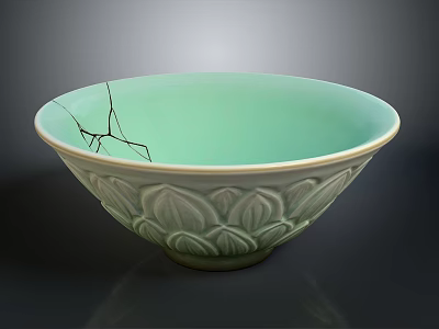 Carved Ceramic Bowl With Intricate Lotus Patterns Light Green Glaze and Visible Edge Crack 3d model