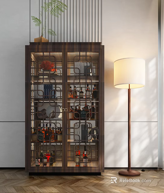 Dark Wooden Wine Cabinet With Glass Doors Holding Bottles And Decorative Items Beside Floor Lamp 3d model 