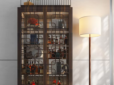 Dark Wooden Wine Cabinet With Glass Doors Holding Bottles And Decorative Items Beside Floor Lamp 3d model
