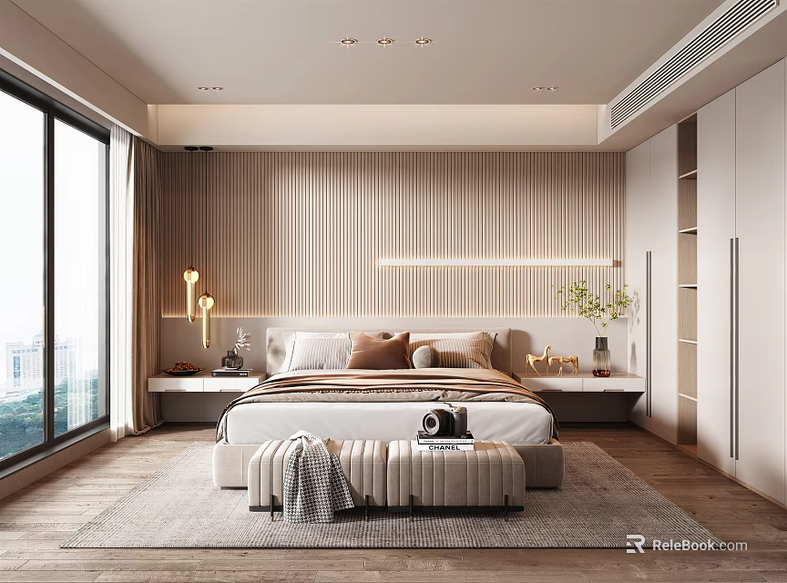 Modern Bedroom Interior Design With Wooden Wall Paneling Large Bed Nightstands And Table Lamps 3d model 
