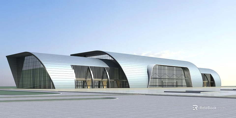 Modern Architectural Exterior With Curved Roof Glass Curtain Walls And Spacious Plaza 3d model 