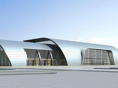 Modern Architectural Exterior With Curved Roof Glass Curtain Walls And Spacious Plaza 3d model