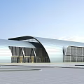 Modern Architectural Exterior With Curved Roof Glass Curtain Walls And Spacious Plaza