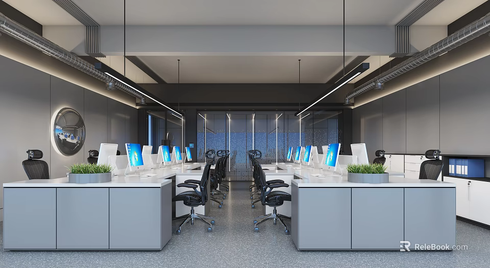 Modern Public Office Space With Workstations Computers Office Chairs And Green Plants 3d model 
