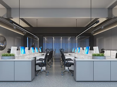 Modern Public Office Space With Workstations Computers Office Chairs And Green Plants 3d model
