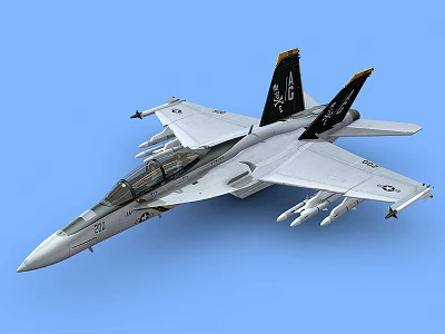Silver Military Fighter Jet With Weapons Tail Fin And Blue Sky Background 3d model