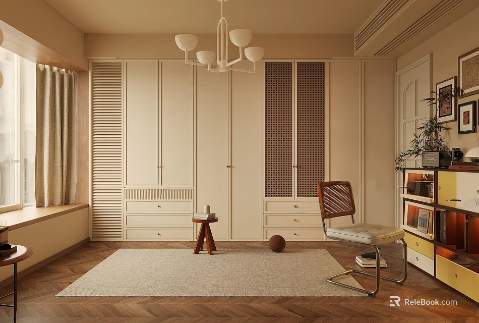 Modern White Wooden Wardrobe With Grid Doors And Storage Drawers In Interior Room 3d model 