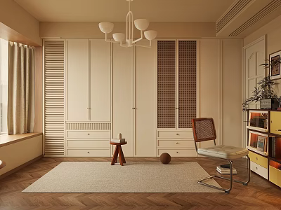 Modern White Wooden Wardrobe With Grid Doors And Storage Drawers In Interior Room 3d model
