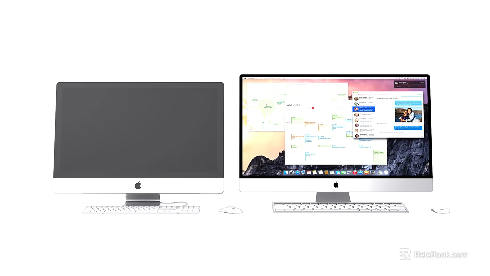 Two iMac Desktop Computers With Black Screen And Multiple Windows Display Keyboard Mouse 3d model 