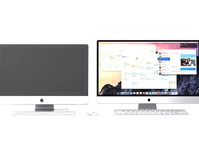Two iMac Desktop Computers With Black Screen And Multiple Windows Display Keyboard Mouse 3d model