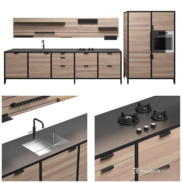 Wooden Kitchen Cabinets With Black Countertop Sink And Gas Stove Design 3d model 