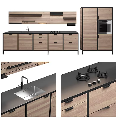 Wooden Kitchen Cabinets With Black Countertop Sink And Gas Stove Design 3d model