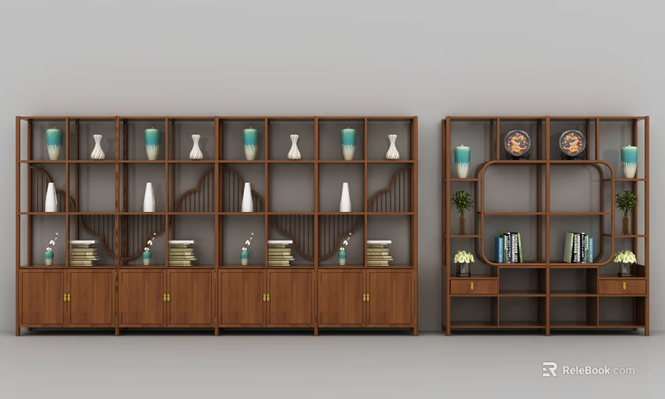 Traditional Wooden Antique Display Shelf with Vases Books and Decorative Items 3d model 