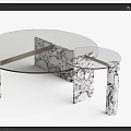 Modern Coffee Table with Glass Top Black and White Marble Base and Metal Accents