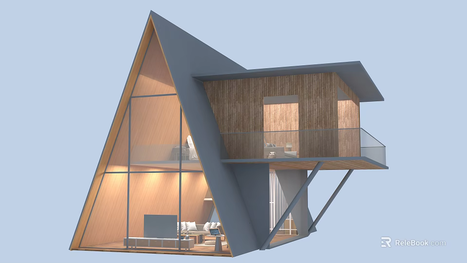 Modern Wooden House With Triangular Design Large Glass Windows And Second Floor Balcony 3d model 