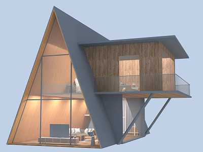 Modern Wooden House With Triangular Design Large Glass Windows And Second Floor Balcony 3d model