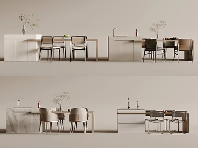 Modern Dining Table Set With Minimalist Chairs Marble Countertop And Decorative Plants 3d model