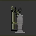 Elegant Black Iron Gates with Gold Accents and White Stone Pillars Topped with Black Lanterns