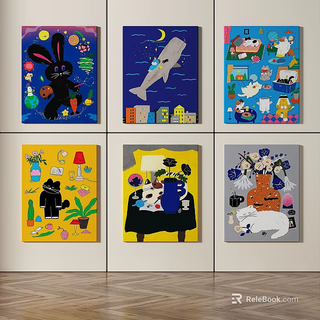 Vibrant Abstract Paintings With Cartoon Animals Plants Daily Objects And Playful Style 3d model 