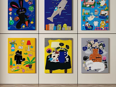 Vibrant Abstract Paintings With Cartoon Animals Plants Daily Objects And Playful Style 3d model