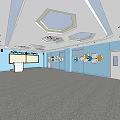 School Interior Featuring Blue Walls Hexagonal Ceiling Lights Gray Carpet And Wall Displays 3d model