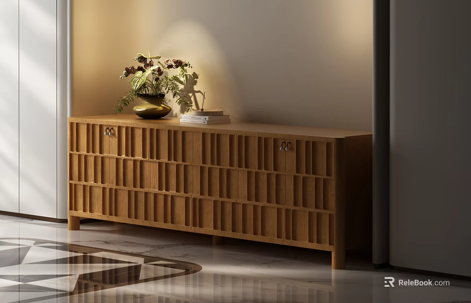 Wooden Sideboard with Lattice Design Decorative Vase and Books on Top in Modern Interior 3d model 