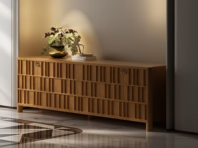 Wooden Sideboard with Lattice Design Decorative Vase and Books on Top in Modern Interior 3d model