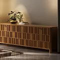Wooden Sideboard with Lattice Design Decorative Vase and Books on Top in Modern Interior