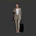 Woman In Beige Suit With White Top Carrying Brown Bag And Black Luggage