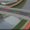 Stone Arch Bridge With Railings Spanning Water Beside Green Grass And Red Path
