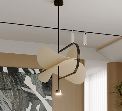 Modern Artistic Pendant Light With Geometric Design Metal Frame And Beige Shade In Living Room 3d model