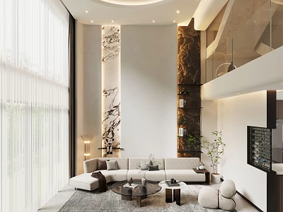 Bright Modern Duplex Living Room with Decorative Pillar Light Colored Sofa and Round Coffee Table 3d model