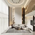 Bright Modern Duplex Living Room with Decorative Pillar Light Colored Sofa and Round Coffee Table