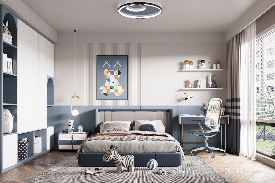 Modern Kids Room Interior With Bed Desk Chair Toys Rug And Decorative Art 3d model 