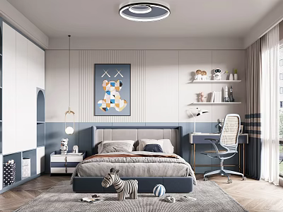 Modern Kids Room Interior With Bed Desk Chair Toys Rug And Decorative Art 3d model