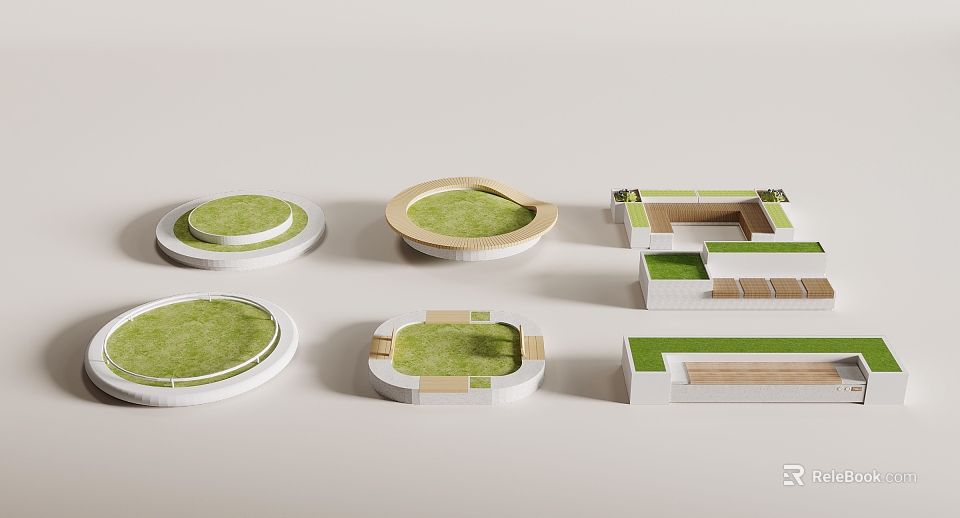 Various Shaped Flower Beds And Planters With Green Grass Wooden White Borders 3d model 