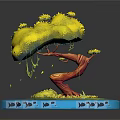 Vibrant Cartoon Scene With Unique Red Orange Tree Yellow Leaves Green Grass And Blue Water