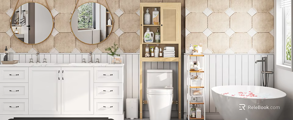 Modern Bathroom Combination With Round Mirror Hexagonal Tiles White Vanity Drawers Toilet Wooden Shelf And Toiletries 3d model 