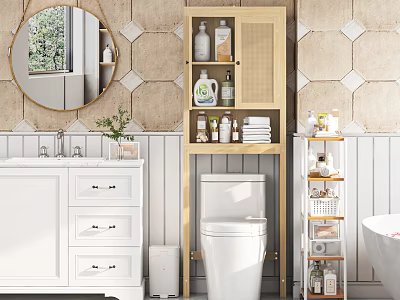 Modern Bathroom Combination With Round Mirror Hexagonal Tiles White Vanity Drawers Toilet Wooden Shelf And Toiletries 3d model