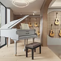 Modern Musical Instrument Store With Acoustic Guitars And Black Grand Pianos