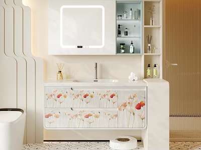 Modern Bathroom Vanity With Lighted Mirror Floral Pattern Cabinets And Shelves For Toiletries 3d model