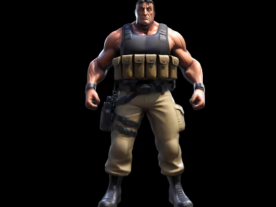 Muscular Male Game Movie Character Wearing Black Tank Top Tactical Vest Khaki Pants Black Boots 3d model