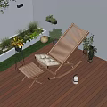 Cozy Wooden Deck Chair on Outdoor Wooden Deck with Small Stool Plants and Lanterns